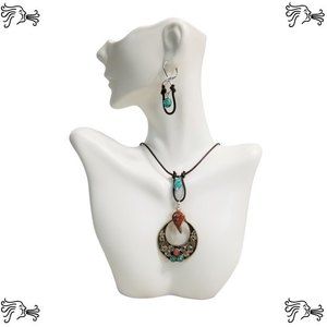 Tibetan Turquoise Coral Choker Necklace & Earrings Brown  Leather Circle Shape